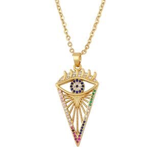 Gold Evil Eye Triangle Pendant Necklace With Colorful Crystals